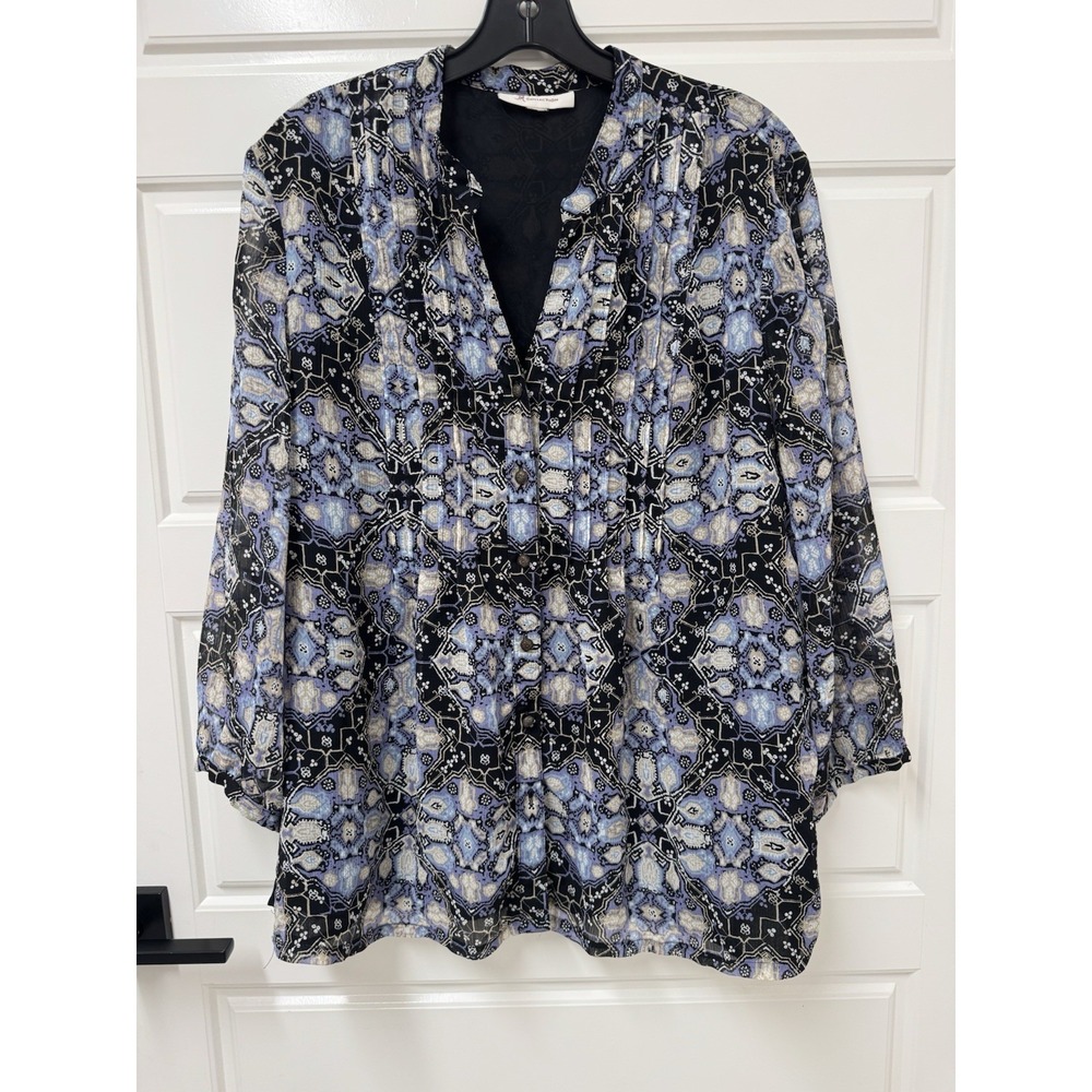 JM Collection Women Plus Size 1X 2X Blue V-neck Button Up Shirt Blouse Lined A0